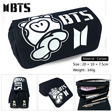 BTS-小猪 帆布翻盖双层拉链笔袋钱包