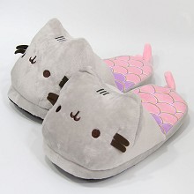 28CM美人鱼胖吉猫 半包毛绒拖鞋 粉色尾